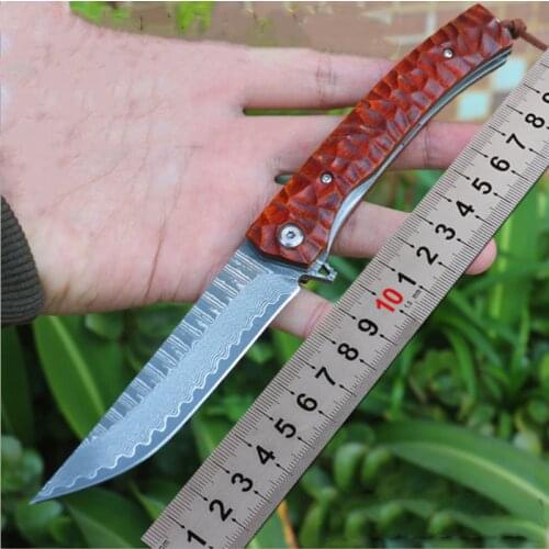 KESIWO Red Arrow Camping Folding Damascus Blade Sandalwood Handle Tactical Outdoor Survival Hunting New Kitchen Pocket EDC Knife