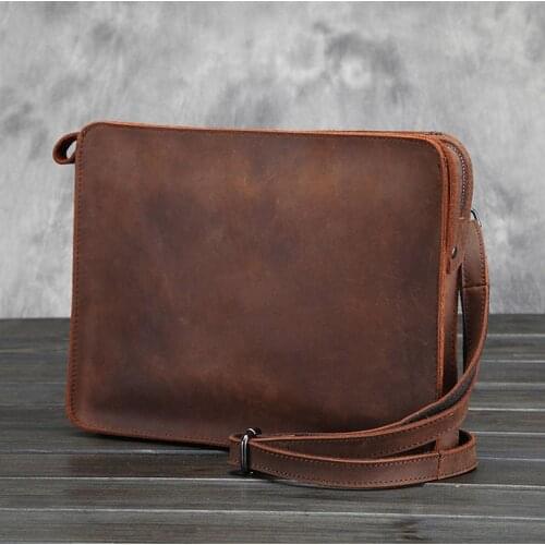 Vintage genuine leather A4 Messenger bag Cowhide iPad Bag Envelope leather shoulder bag Men leather Day Clutch Bag fast post
