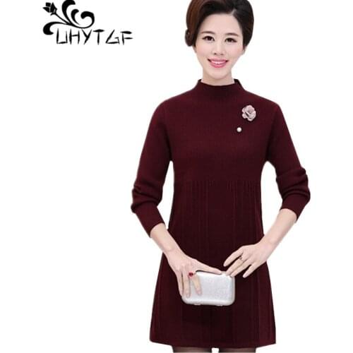 UHYTGF knitted sweater women fashion pullover autumn winter wool sweaters dress female elegant mom warm mini sweater dress 1131