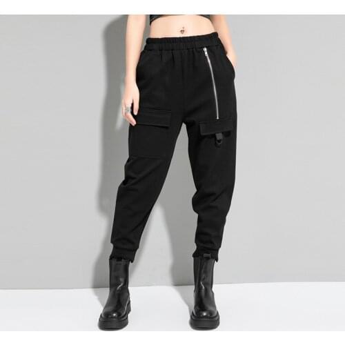 2021 New cool casual pencil pant mid waist fashion summer slim zipper black Hip hop locomotive pants women Korean version