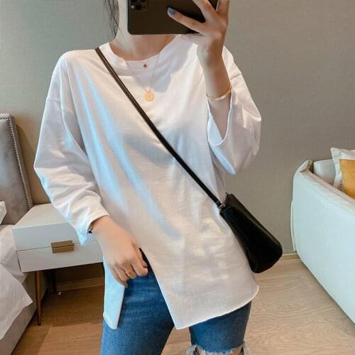 Woman Tshirts Cotton Autumn Loose Skirt Split Top Large Size Long Sleeve T-shirt for Women Ropa Mujer Camisetas