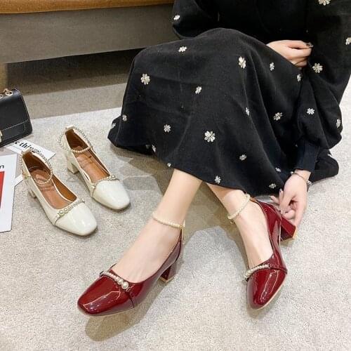 2021 Spring Summer New Ladies Pumps Roman String Bead Buckle Strap Mary Janes Women Shoes Woman Square Low Heels Casual Shoes
