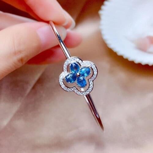 Two wearing clover Natural blue sapphire gem Bangles Natural gemstone Bangles S925 silver bracelet girl party gift fine jewelry