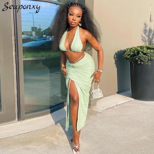 High Quality 2021 Summer Fashion Female Slim Fit 2 Two-Piece Set Sexy Lace-Up Short Top + High Waist Draped Long Skirt Party Set