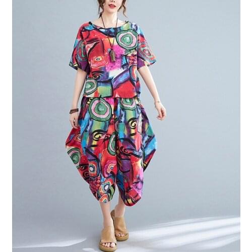 2 Piece Sets Women Cotton Linen Casual Suits New Arrival 2021 Summer Vintage Style Print Female Tops And Calf-length Pants B164