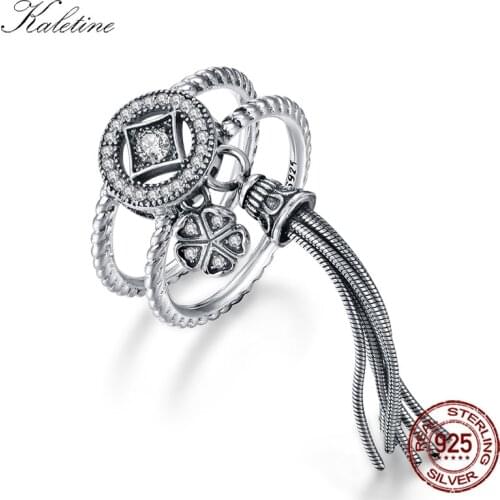 Women Vintage Allure Tassel Ring 925 Sterling Silver Rings for Women Flower Clover Two-in-one Ringlet Fashion Jewelry