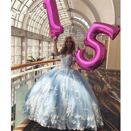 2019 Blue Ball Gown Quinceanera Dresses Romantic Lace Puffy Exquisite Appliqued Sweet 16 Vestidos de 15 anos ballkleid