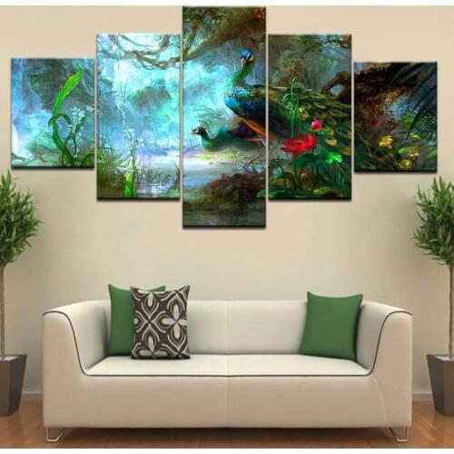 5 Panel/piece HD Print Two peacock in forest modern wall posters Canvas Art Painting For home living room decoration