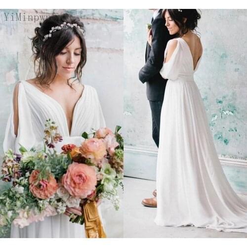 YiMinpwp Bohemian Wedding Dresses V Neck Backless Half Sleeve Sweep Train Chiffon Draped Summer Beach Country Bridal Gowns