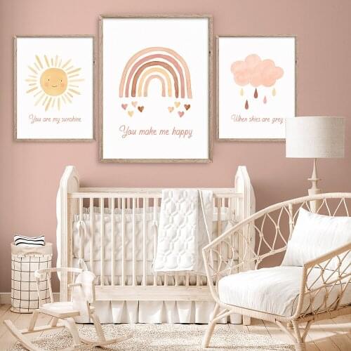 Boho Nursery Poster You Are My Sunshine Art Print Rainbow Neutral Canvas Painting Modern Quote Wall Picture Kids Room Home Decor