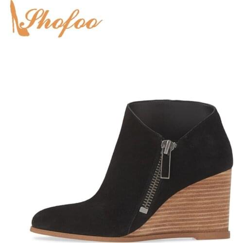 Black Ankle Boots High Wedge Heels Almond Toe Woman Booties Zipper Large Size 14 15 For Ladies Fashion Sexy Mature Shoes Shofoo
