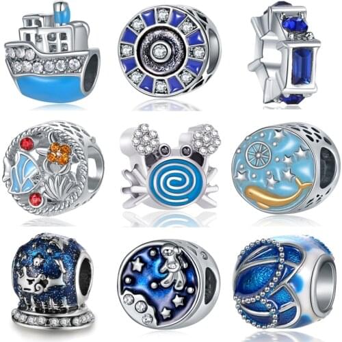2021 New Blue Ocean Charm Space Steamship Fish Beads Fit Original Pandora Charms Silver Color Bracelet DIY Jewelry for Women