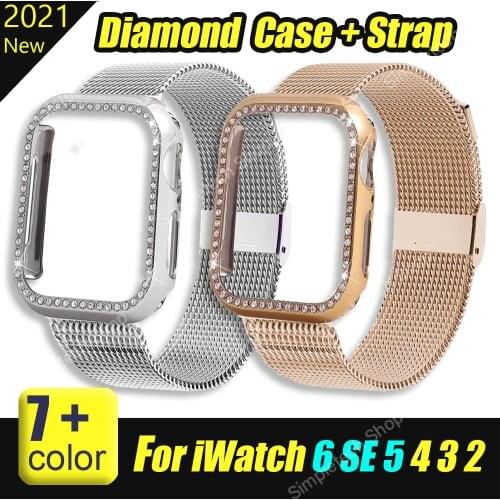 Diamond case+Milanese Loop strap For Apple Watch Series 6 SE 5 4 3 Bracelet Stainless Steel band for iwatch 38mm 42mm 40mm 44mm