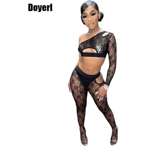 Black Lace Sexy Two Piece Set Women Party Clubwear Festival Outfit See Though Crop Top and Leggings Set 2 Piece Matching Sets
