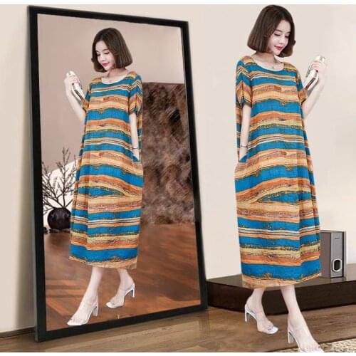 Even The New Summer Loose Dress WomenS Large Size Western Style Thin Striped Mid-Length Skirt