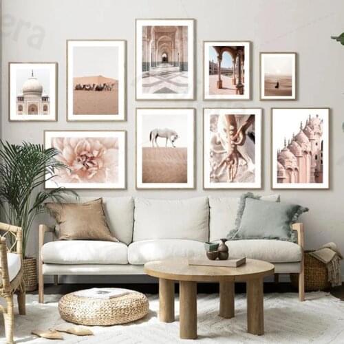 Islamic Style Deco Painting Arab Architecture White Horse Desert Landscape Canvas Print Poster Religious Home Decoration WallArt