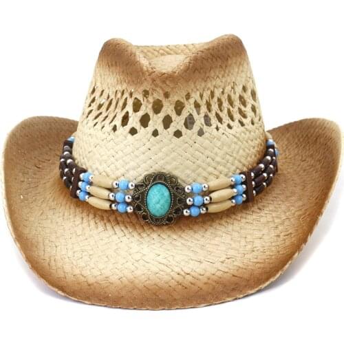 Men Natural Straw Western Cowboy Hat Handmade Weave Curling Brim Cowgirl Summer Hats Sombrero Cap