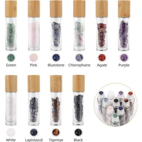 1pc Gemstone Roller Bottle Nature Quarz Essential Oil Bottle Bamboo Cover 10ml Travel Vials Glass Bottle 10 Color Roller Bottle