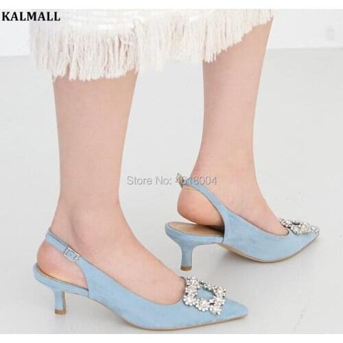KALMALL Wedding Shoes Women Crystal Studs Kitten Heels Pointed Toe Slingbacks Diamonds Shoes Party Heels Ladies