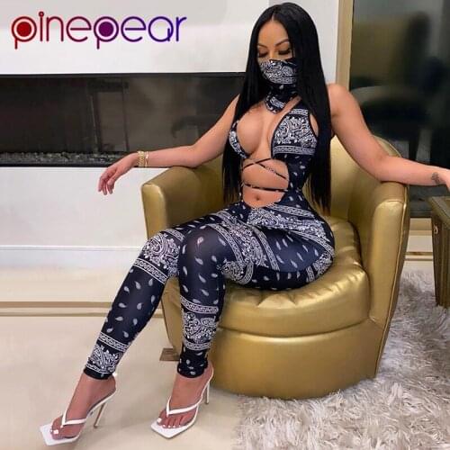 PinePear Bandage Jumpsuit Women Sexy Sportswear Gym Mask Romper Sport Clothing Autumn Tracksuit Yoga Set Fitness Suit Wholesale