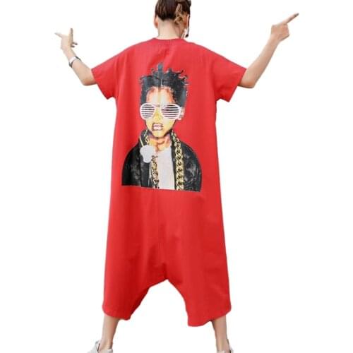 Summer streetwear button playsuits oversized loose hip hop jumpsuit women fashion avatar print short sleeve romper