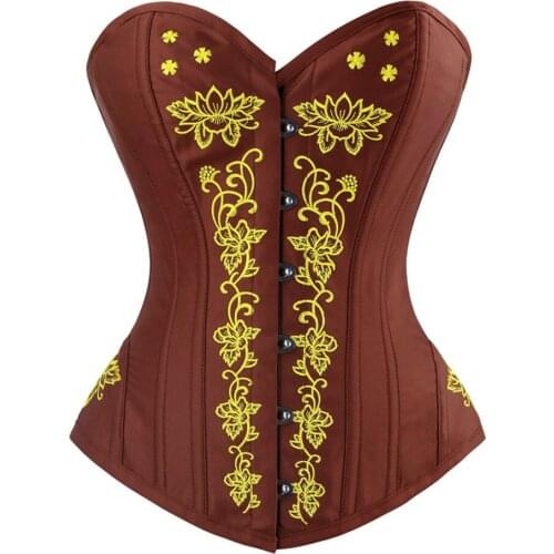 Womens Gothic Classcial Vintage Floral Embroidery Steel Boned Overbust Corset Bustiers Top Waist Trainer Retro Corselet
