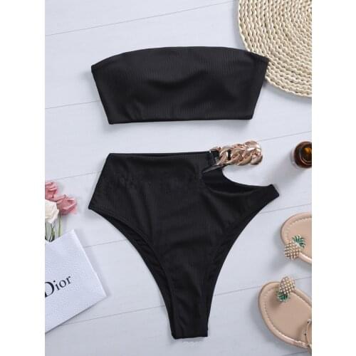 Sexy Off Shoulder Bikini 2021 Solid White High Cut Metal High Waist Swimsuit Female beach Bathing Suit Swimwear traje de bano