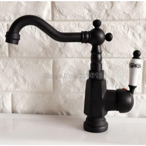 Black Oil Rubbed Brass Ceramic Handle Bathroom Basin Faucet Vessel Sink Mixer Taps Swivel Spout Cold & Hot Water Faucets Wnf352