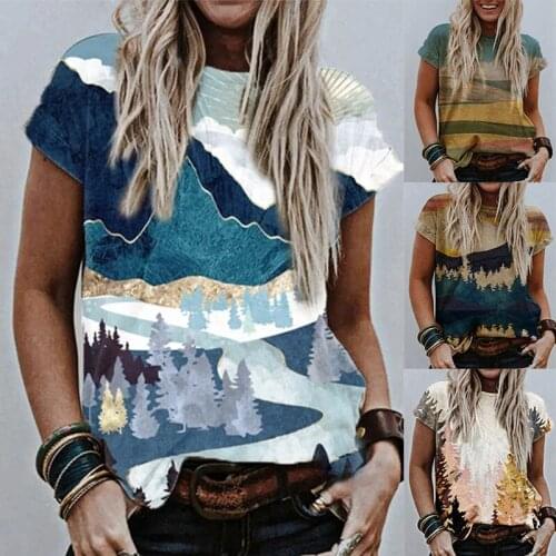 Summer New Style Korean Fashion Ladies Landscape Print Short-sleeved T-shirt