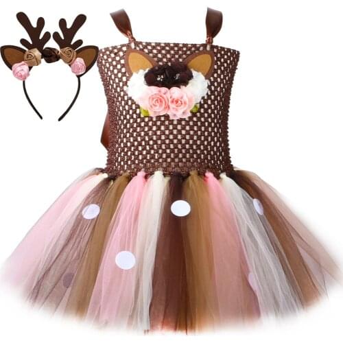Cartoon Deer Tutu Dress Christmas Children Mesh Princess Poncho Dress Halloween Cosplay Costumes Birthday Party Fancy Clothes