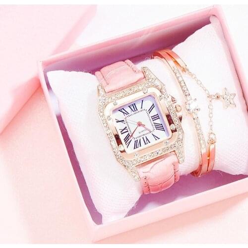 Rectangle Rhinestone Women Watch Set 2pcs Quartz Leather Belt Ladies Wristwatch Bracelet Roman Luxury Female Clock montre femme