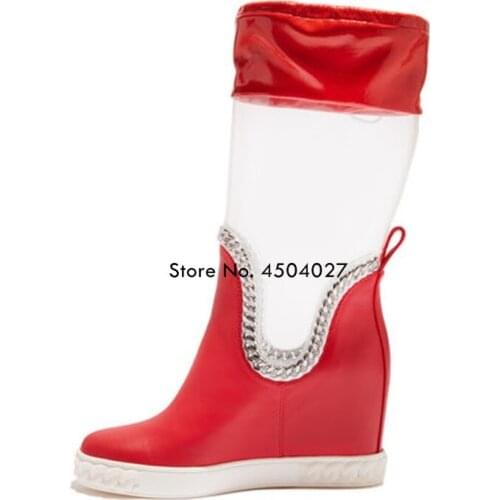 Newest Wedge Mid Calf Boots Women Shoes Blue/Red/Black Fashion Pvc Chain Patchwork Shoes Rain Boots Round Toe Ladies Shoes