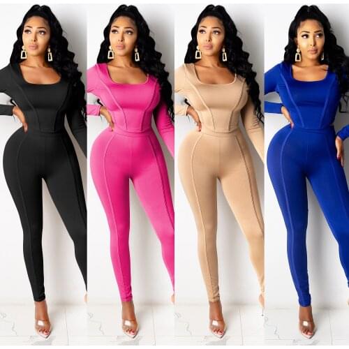 Lounge wear Solid Tracksuit Long Sleeve Square Collar Slim Crop Top Leggings Two Piece Set Sweatsuits Two Piece Set S-XXL