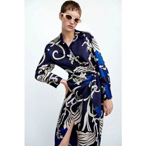 Nlzgmsj Za Women 2021 Chic Fashion With Sashes Pleated Print Midi Dress Vintage Long Sleeve Vents Hem Female Dresses 202108