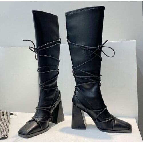 Drop Shipping Woman Fashion Square Toe Knee High Boots 9 cm Chunky Heels Cross Lace Up Thin Leg Slim Tube Long Boots