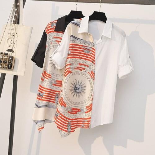 Plus Size Women Tops and Blouses Vintage Print Short Sleeve Black White Long Blouse Blusas Single-breasted Oversized Shirts Tees