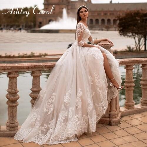 Ashley Carol A-Line Wedding Dress 2021 Romantic Appliques Lace Up V-neckline Half Sleeve Bride Dresses Princess Vestido De Novia