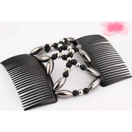 Ladies Women Elastic Hairpin Stretch Double Magic Hair Comb Handmade Beaded Hair Clip Bun Maker DIY Styling Tool 3 Colors