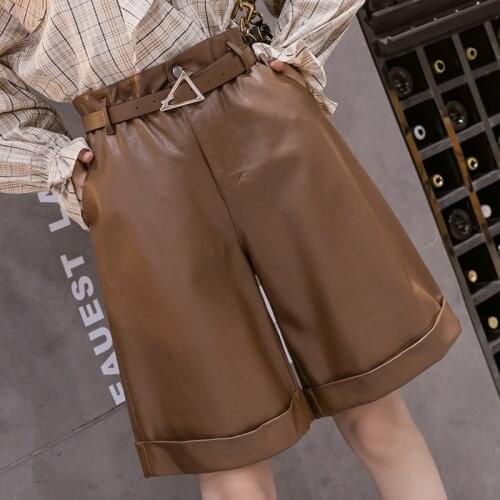 High Waist Women PU Leather Shorts Motorcycle Female Faux-leather Loose Shorts Coffee Color Autumn 2020 Trousers new