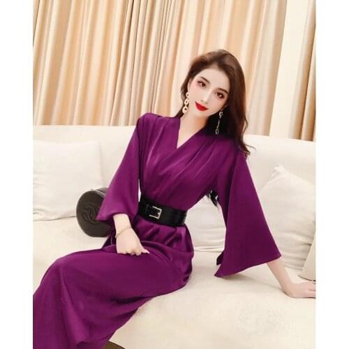 2021 Women Casual Jumpsuits Vintage Pure Color Rompers Loose Wide Leg Female Casual Office Wide Leg Jumpsuits With Sashes