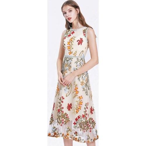 High Qulaity Summer Elegant Patchwork Floral Print Embroidery Women Dress Vintage Slim Sleeveless Tank Mesh Dresses Vestidos