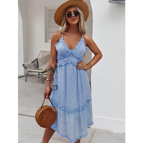 Floral Dresses summer 2020 woman Sexy V Neck Spaghetti Strap Backless Ruffle Beach Bohemian Sundress Night Dress Ladies Clothing
