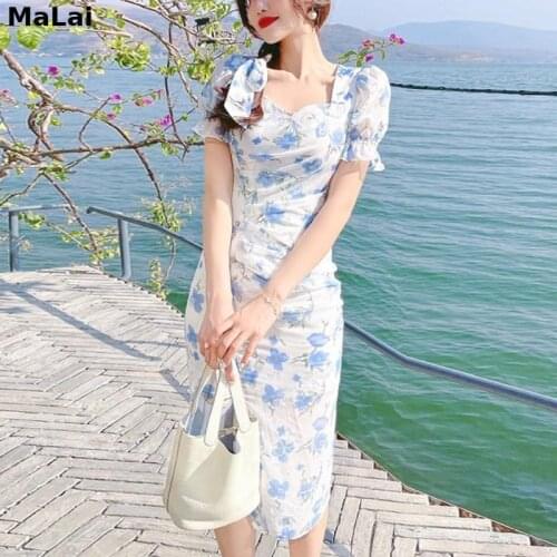 Vintage French Floral Split Midi Dress Women Elegant Kawaii Chiffon Short Sleeve Dress Summer 2021 Print Sexy Ladies Party Dress
