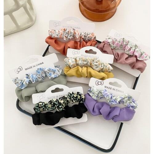2pcs Set Hair Ties Scrunchies Hair Ring Tie Rope Satin Flowers Printing Ponytail Holders Hairbands Korean Grils Hair Accessories