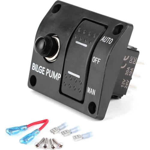 3-Way Bilge Pump Rocker Control Switch Panel Auto/Off/Manual 12V 24V with LED Indicator Built-In 15A Circuit Breaker
