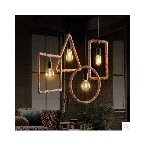 American loft retro Pendant Lights industrial light geometric square round creative iron hemp rope lights LU728299