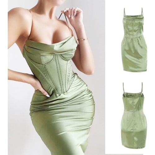 Spaghetti Strap Satin Corset Slip Dress Bodycon Ruched Elegant Midi Dresses Party Night Club