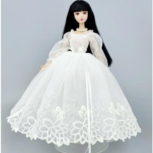 White Handmade Princess Dress For Barbie Doll Outfits Clothes 1/6 Dolls Accessories Puff Sleeve Bowknot Long Gown Children Toys