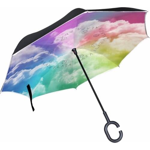 Colorful Sky Windproof Reverse Folding Double Layer Inverted Chuva Umbrella Self Stand Rain Protection C-Hook Hands For Car