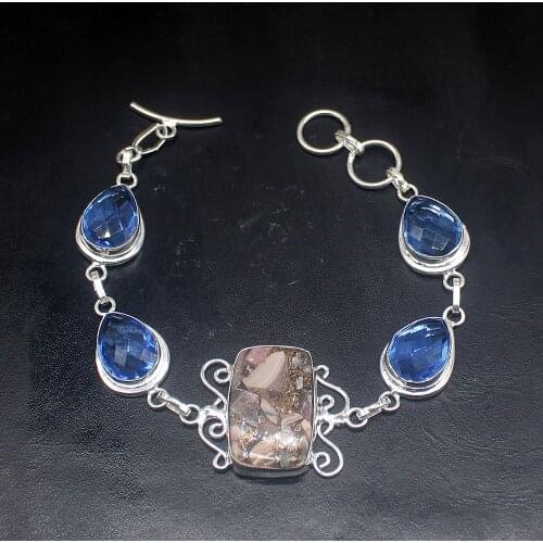 Gemstonefactory Jewelry Big Promotion Single Unique 925 Silver Rhodochrosite Blue Topaz Lady Women Charm Bracelet 19cm 20213256